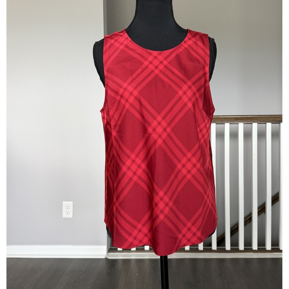 J Crew NWT Sleeveless Red Satin Plaid Button Back Top Medium Preppy Old Money